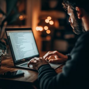 Mężczyzna piszący długi email do partnera w związku na odległość, wypełniony emocjami.