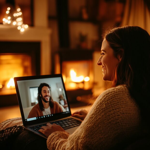 Uśmiechnięta kobieta jest na wideorozmowie z mężczyzną, którego poznała na Tinderze. Siedzi w przytulnym salonie z laptopem na kolanach, a w tle kominek rzuca ciepły blask. Ekran pokazuje mężczyznę w podobnie przytulnym otoczeniu, dając poczucie połączenia mimo odległości