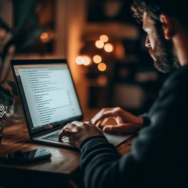 Mężczyzna piszący długi email do partnera w związku na odległość, wypełniony emocjami.