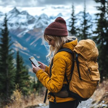 Kobieta używająca Bumble podczas górskiej wędrówki.