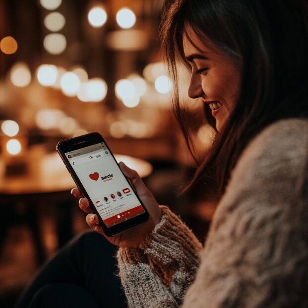 Młoda kobieta w kawiarni z telefonem, pokazujący aplikację Badoo, uśmiecha się.