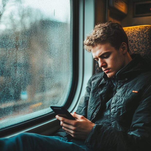 Mężczyzna w pociągu patrzący na krajobraz za oknem, używa aplikacji Badoo.