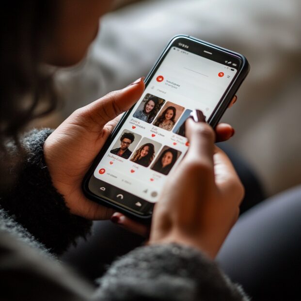 Bliskie ujęcie ekranu smartfona z wyświetlonym profilem z aplikacji Facebook randki.
