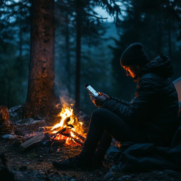 Osoba przy ognisku, patrzy na telefon z aplikacją Badoo, w tle las.