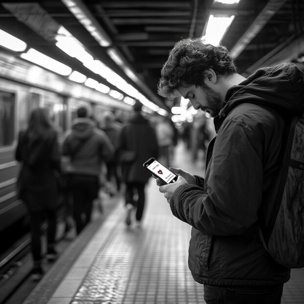 Czarno-białe zdjęcie samotnego mężczyzny na ruchliwej platformie metra, trzymającego telefon pokazujący otwartą aplikację Tinder. Wokół niego ludzie spieszący się na pociąg, tworząc kontrast między jego bezruchem a ich ruchem