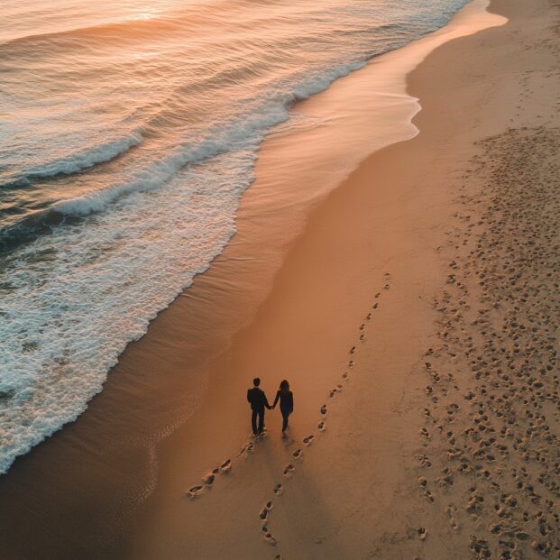 Widok z powietrza na plażę, gdzie para, która poznała się na Tinderze, spaceruje trzymając się za ręce brzegiem morza o zachodzie słońca. Ich ślady w piasku ciągną się za nimi, a fale delikatnie opływają ich stopy. Niebo jest mieszaniną różu i pomarańczy, tworząc romantyczne tło