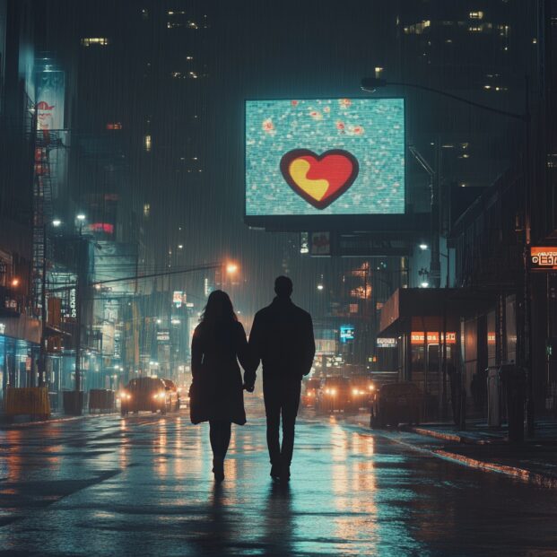 Romantyczna scena przedstawiająca mężczyznę i kobietę spacerujących trzymając się za ręce ulicą miasta nocą, oświetlonych latarniami. W tle bilbord wyświetla logo Tindera, symbolizując miejsce, gdzie ich znajomość się rozpoczęła