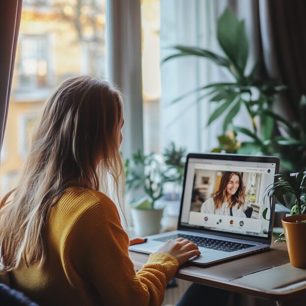 Kobieta z powiadomieniami z Bumble podczas spotkania online.